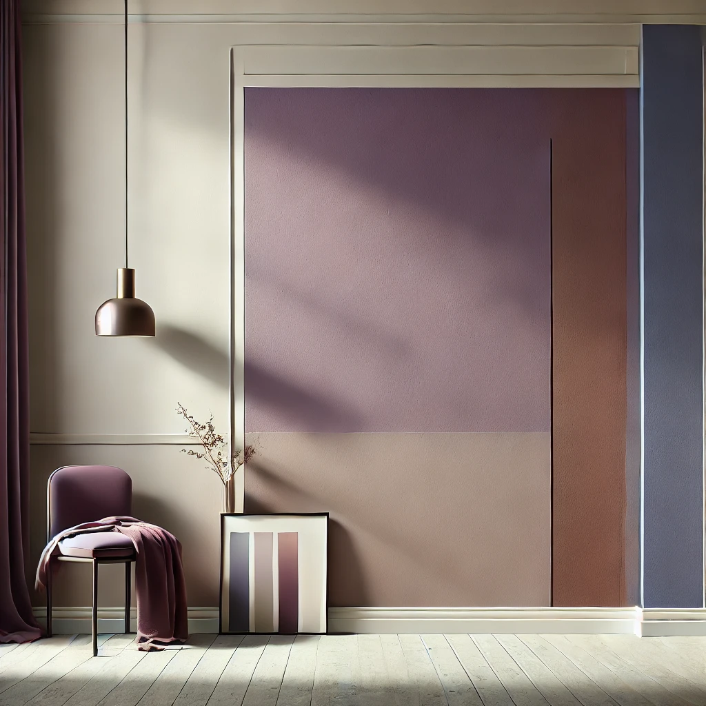 DALL·E 2025 01 08 15.27.07 A detailed and visually captivating image of a painted wall showcasing a modern and sophisticated color palette. The primary color is a soft purple wi